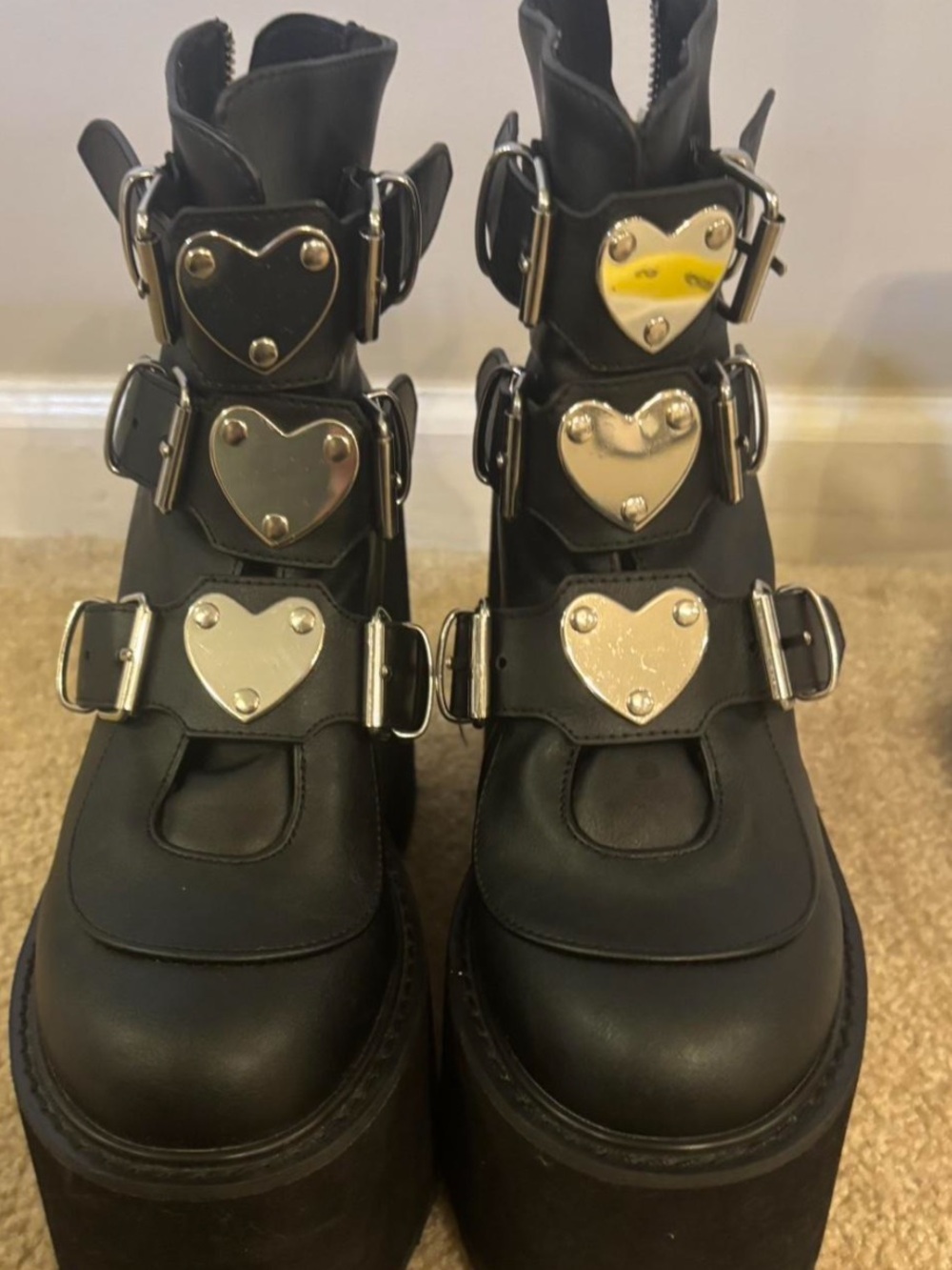 Demonia Black Platform Heart-Buckle Boots